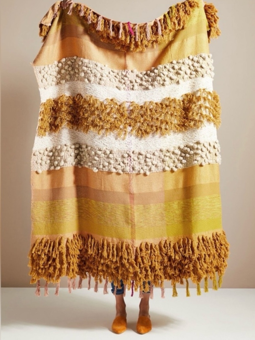 Anthropologie | All Roads Bloomfield Yellow and Cream Textured Fringe Throw